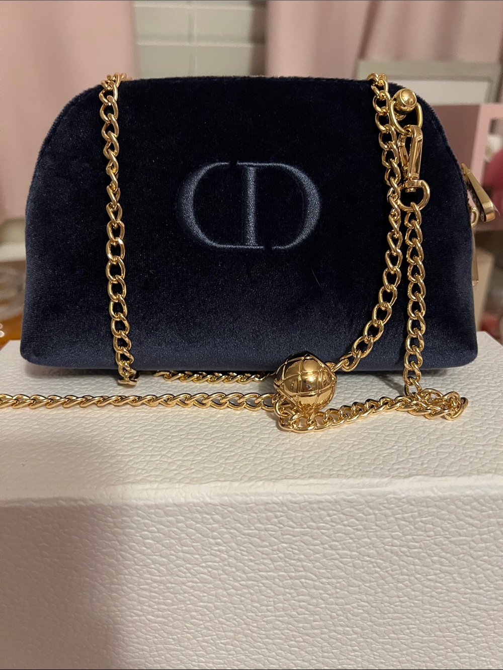 Dior Blue Velvet Mini Cosmetic Accessory with 47 inch Adjustable Gold Chain